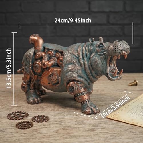 Hippo Decor - 9.4inch Resin House Hippo Statue Steampunk Hippo Figurine
