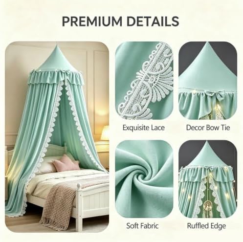 Kertnic Lace & Bow Decor Princess Canopy for Girls Bed, Soft Ruffled Playing Tent Canopy Room Decoration Castle, Reading Nook Canopies in Home (Green)