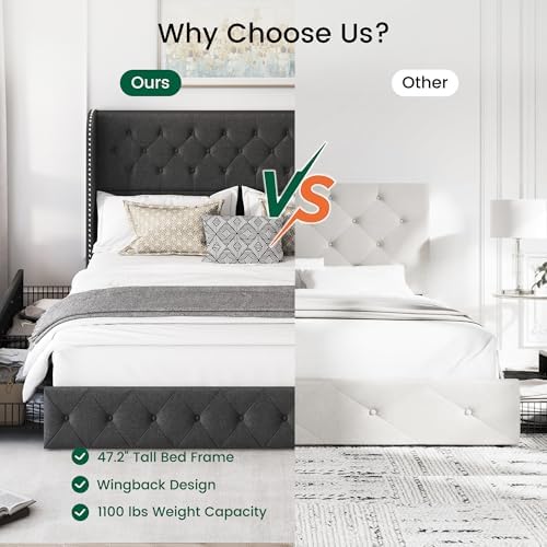 LARMACE King Size Platform Bed Frame with 4 Storage Drawers and 47.2" Tall Tufted Headboard Linen Upholstered Bed Wingback Bed Frame with Wooden Slats Support, Easy Assembly, Dark Grey