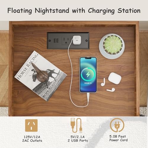 Arbuxzuy Floating Nightstand Set of 2 with Charging Station and Drawer