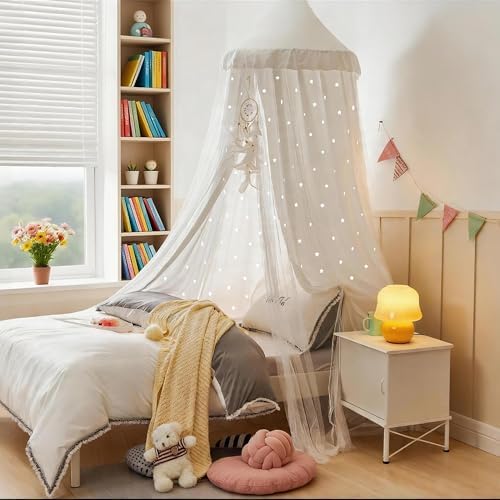 Princess Bed Canopy for Girls, Double Layer Canopy Fits Twin/Full Bed - Fairy Bed Tent for Kids Room Decor(with Cutout Stars,White)