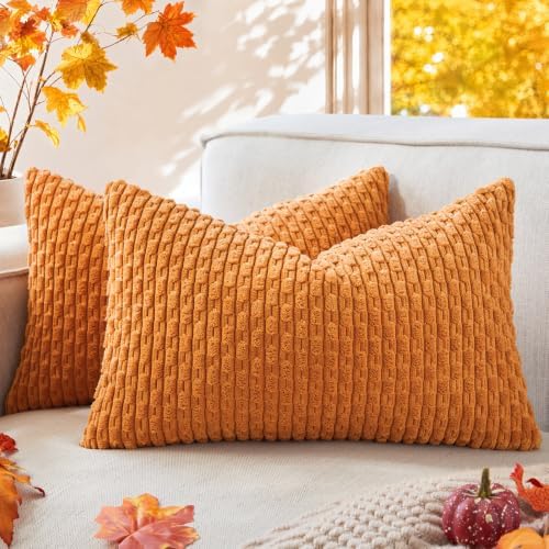 Kevin Textile Soft Corduroy 12"x20" Pillow Covers 2 Pack, Orange Yellow