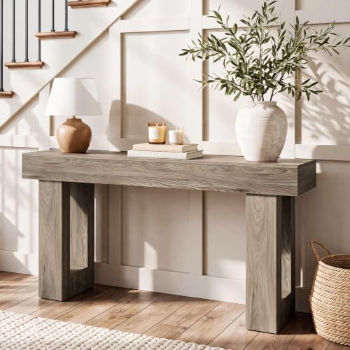 LITTLE TREE 63 Inches Long Sofa Table, Modern Console Table for Entryway, Wooden Sofa Table for Living Room, Behind Couch Table, Rectangle Hallway Foyer Table for Entrance, Grey