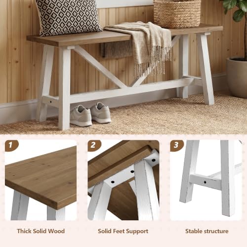 Wnutrees 43" Farmhouse Solid Wood Bench, Narrow Long Seat, White