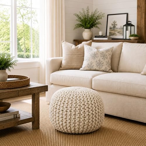 Casafield Round Pouf Ottoman, Natural - 20" Diameter x 14.5" High Cotton Knit Foot Stool - Boho Floor Pouffe for Living Room, Bedroom, Home Office