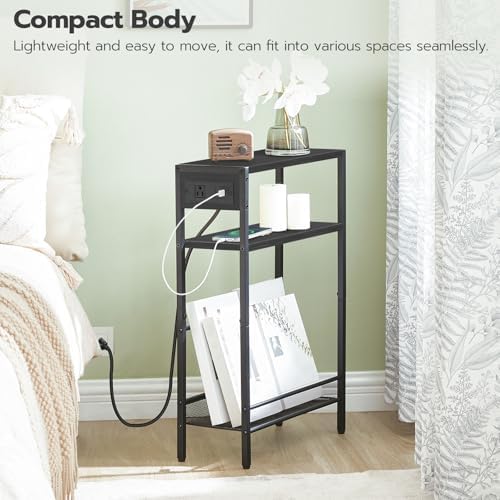 HOOBRO Small Narrow Side Table with Charging Station Set of 2, Skinny End Table for Small Spaces, Slim Nightstand with USB Ports Outlet, Sofa Beside Table with Storage Shelf BB102UBZP201