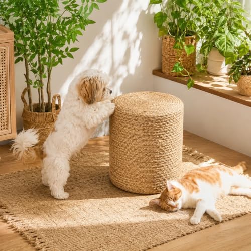 14inch Natural Water Hyacinth Round Pouf Ottomans Wood Frame Rattan Stool
