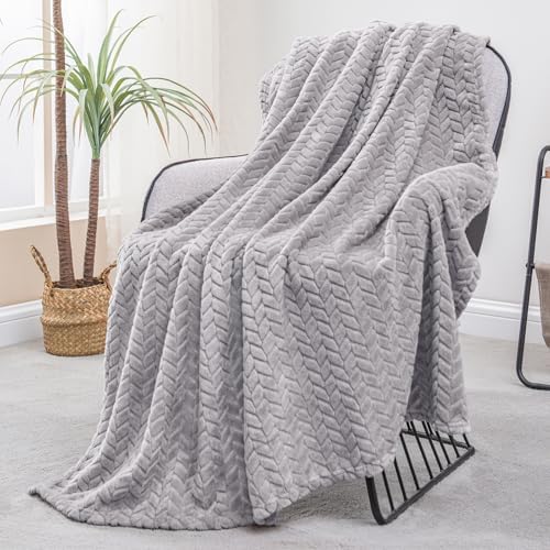 Exclusivo Mezcla Fleece Throw Blanket for Couch Sofa, 50”x70”, Light Grey