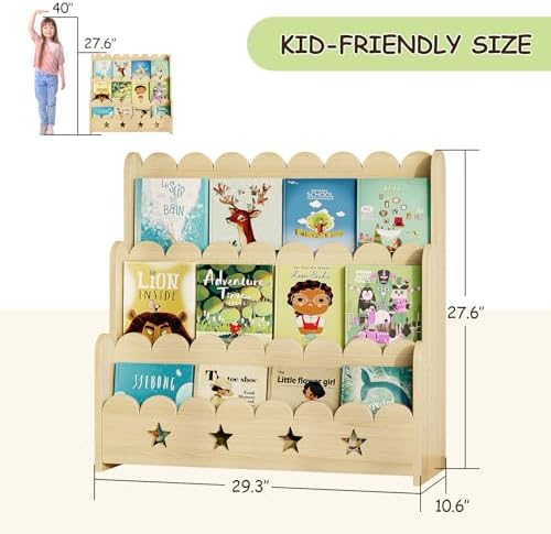 EXPERLAM Scalloped Bookshelf for Kids, 3-Tier Front Facing Book Display Shelf, Solid Wood Montessori Bookcase Organizer for Bedroom, Nursery, Playroom & Classroom