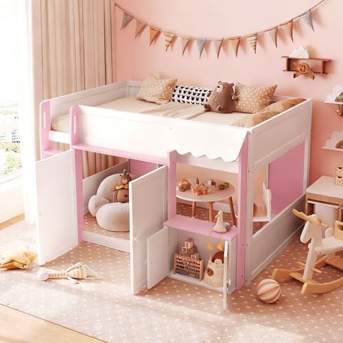 Bellemave Full Size Low loft Bed for Kids,Wood Modern Farmhouse Full Loft Bed with Storage Cabinets, No Box Spring Needed, White+Pink