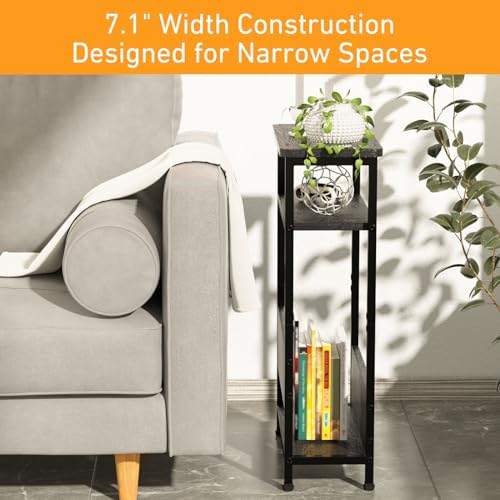 THUMEYE 7.1" Narrow Side Table for Small Spaces, 3 Tier Small End Table with Magazine Holder, Slim/Skinny Nightstand/Bedside Table for Living Room, Bedroom, 15.4" L x 24.2" H, Black