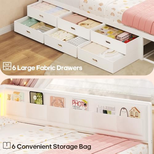 ADORNEVE Full Corner Bed Frame with 8 Storage Drawers and LED Lights, White