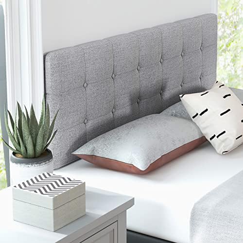 KOMFOTT Linen Upholstered Headboard for Full & Queen Size Bed Frame, Modern Tufted Button Bed Headboard with Solid Rubber Wood Legs, Rectangular Headboard with Adjustable Width, Gray