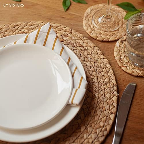 Round Placemats Set of 8 with 8 Coasters Natural Water Hyacinth Woven Placemats Farmhouse Braided Place Mats Boho Straw Placemat Wipeable Wicker Outdoor Place Mats for Patio Table 13.4''