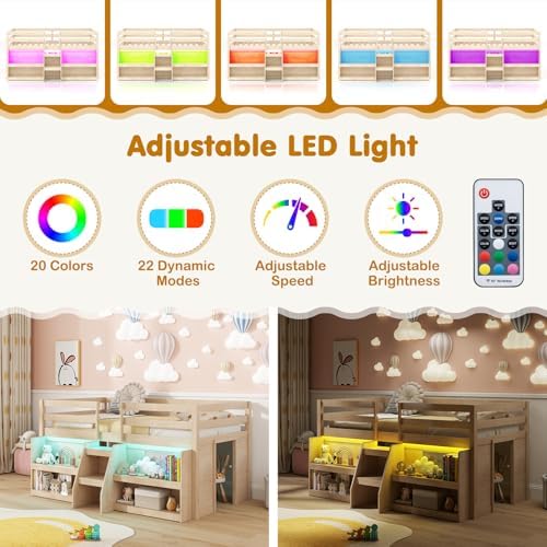 GIANTEX Low Loft Bed with LED Lights, Wooden Twin Loft Bed with Stairs & Safety Guardrail, Loft Bed Twin Size with Storage Bookcase and Under-Bed Play Space, Loft Bed for Kids (Natural)