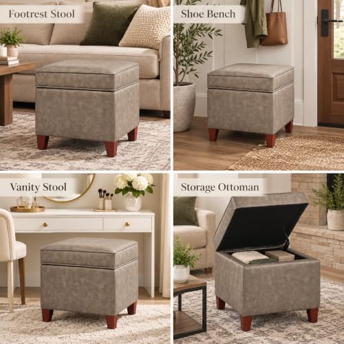 Adeco 17.5" Square Storage Ottoman, Faux Leather Flip Top Footstool & Coffee Table, Upholstered Foot Rest with Wood Legs, Small Extra Seat for Living Room & Bedroom, Coffee Brown