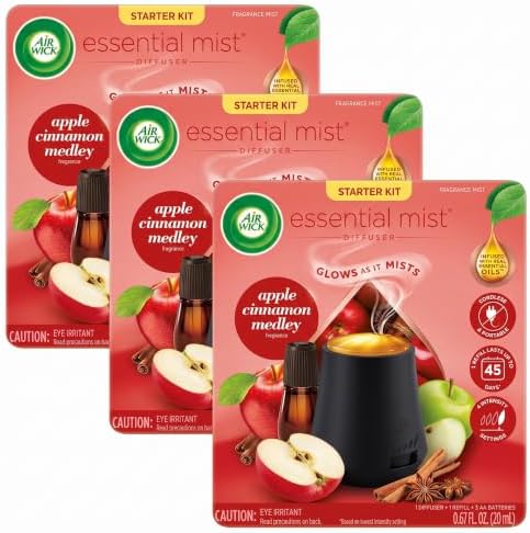 Air Wick Essential Mist Starter Kit (Diffuser + Refill), Apple Cinnamon, Fall Scent, Fall Spray, Essential Oils Diffuser, Air Freshener (Pack of 3)