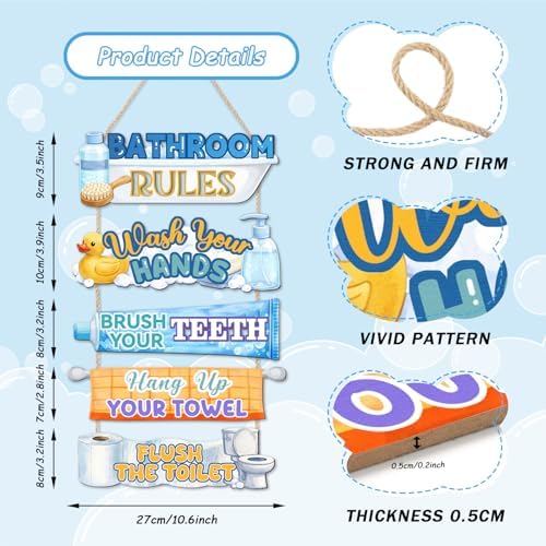 HLNIUC Colorful Bathroom Rules Wood Decor,Watercolor Playful Cartoon Bathroom Wooden Hanger,Duck Bubble Bath Hanging Signs,Toothpaste Wall Decor,Towel Rack Wall Sign For Bathroom Home Decoration
