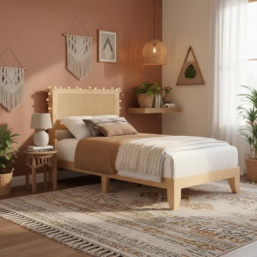 coucheta Bohemian Twin Rattan Bed LED Natural Headboard Bedroom