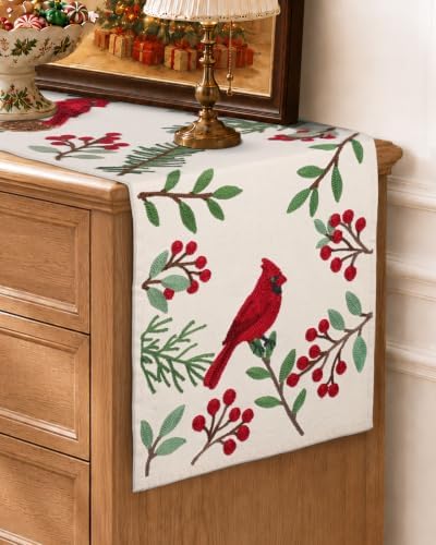 Miss Adola Embroidered Canvas 13"x72" Christmas Table Runner, Cardinal