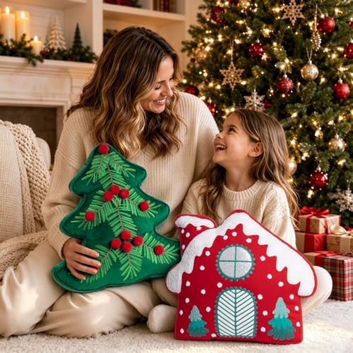 AELS Christmas House & Tree Pillow with Pom-pom, Holiday Throw Pillows