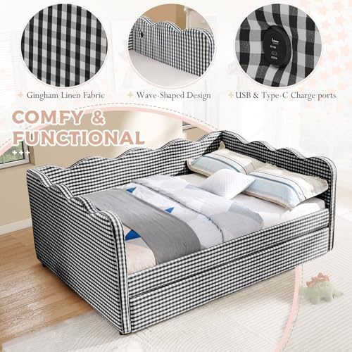 Full Size Daybed with Pop Up Trundle, Linen Gingham Full to King Daybed with USB Ports, Upholstered Day Bed Frame, Modern Sofa Bed for Living Room/Bedroom/Guest Room, No Box Spring Needed, Black