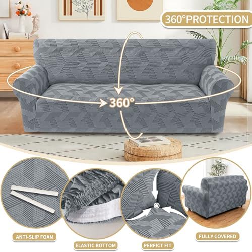 JIVINER 1 Piece Couch Cover for 3 Cushion Couch, Stretch Extra Large Sofa Covers with Elastic Bottom, Washable Oversized Sofa Slipcovers Feature Geometrical Jacquard Fabric (XL Sofa, Light Grey)