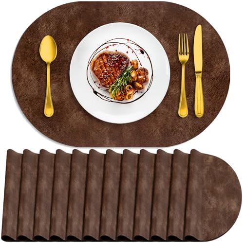 ADRIMER Oval Placemats Set of 12, Wipeable Faux Leather, Brown