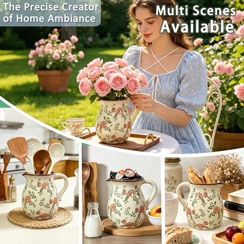 Ceramic Utensil Holder Red Rose 6.1" Rustic Farmhouse Kitchen Counter Crock