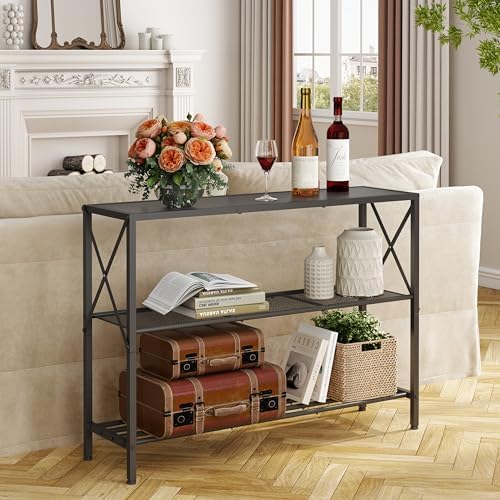 Hoctieon Industrial Console Table, 3 Tier Entryway Table, Hallway Table, Narrow Sofa Table with Shelves, Entrance Table for Entryway, Living Room, Foyer, Office, Black