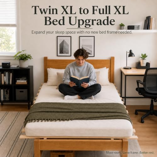 Twin XL to Full XL Bed Frame Converter with 10 Straps, 54 x 80 Inch Foldable Wood Bunkie Board, Heavy Duty Wooden Bed Slats Extension for Mattress Support, Dorm Bed Upgrade & Extra Sleeping Space