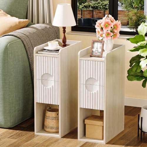 Narrow Nightstand Set of 2, Wood 2 Drawer Narrow Nightstand, Skinny Night Stand with Open Storage, Mid Century Modern Slim Bedside Table for Bedroom, White Grey Oak
