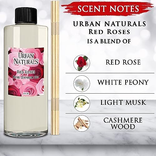Urban Naturals Reed Diffuser Oil Refill Red Roses with White Peony, Cashmere Wood 8 oz + Free Reed Sticks, Made in the USA