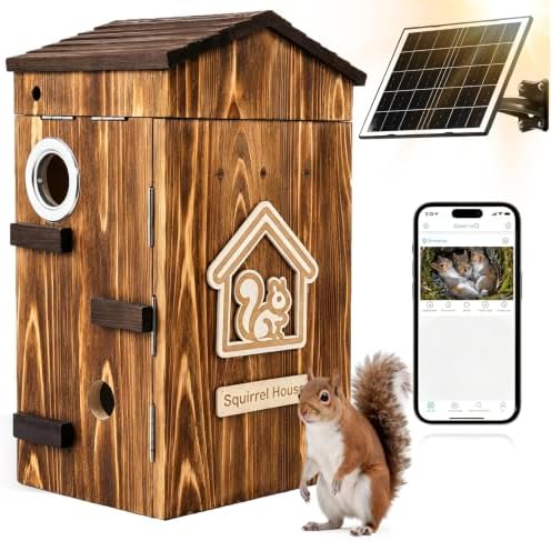 Smart Squirrel Box with Camera Solar Powered, 2K HD WiFi Squirrel House Camera with Auto Detection & Night Vision, Outdoor Squirrels Nesting Box with App Control (2.4GHz Only)