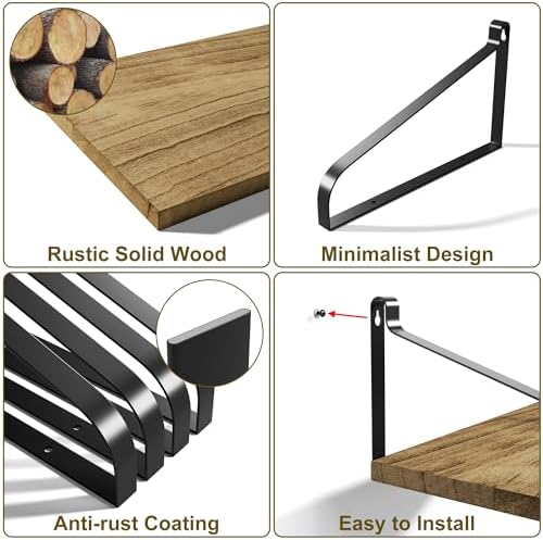 Love-KANKEI Deep Wide Floating Wall Shelves,Wood,16.5"x12",Carbonized Black