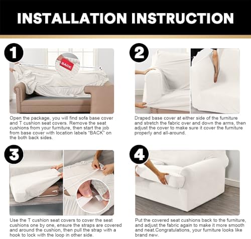 PrinceDeco T Cushion Loveseat Slipcover - 3 Pieces Sofa Cover for 2 Cushion Couch with 2 Individual T Shape Seat Covers Width Up to 76 Inch - Stretch, Machine Washable, Porcelain