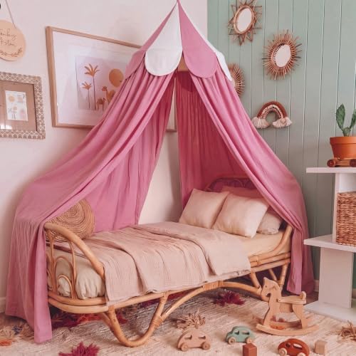 Bed Canopy with Scalloped Edge, 2 Panel Striped, Dusty Pink