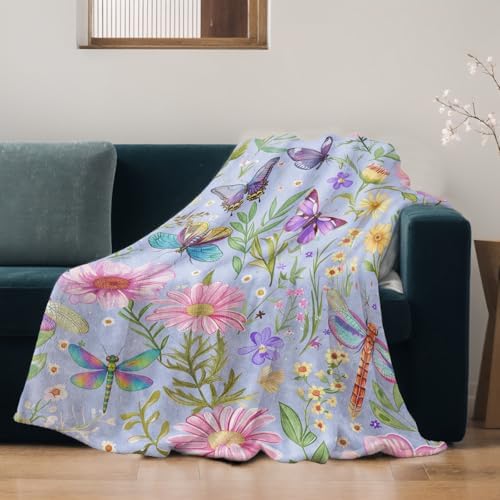 Floral Insect Blanket Lightweight Blankets Gifts for Women Flannel Throw with Colorful Flower Butterfly and Dragonfly Printed for Sofa, Bed, Travel, Picnic, Spring Decor Throws 50x40 Inch