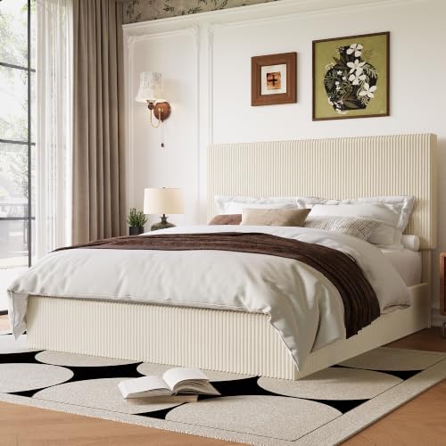 Allewie Queen Bed Frame, Adjustable Corduroy Headboard, Platform, Cream