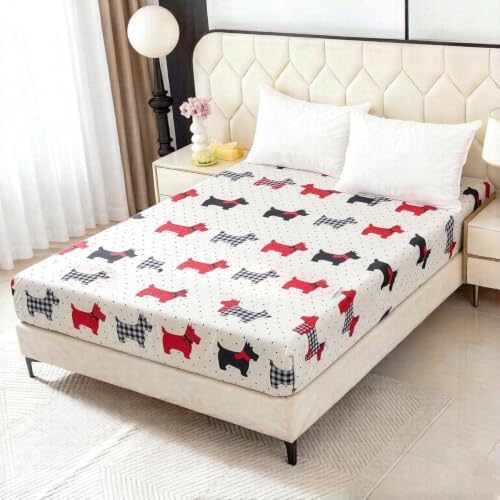 Bedding Fitted Sheet with Deep Pocket,Thicken Printed Fabric Bed Sheets (White Dogs, Twin)