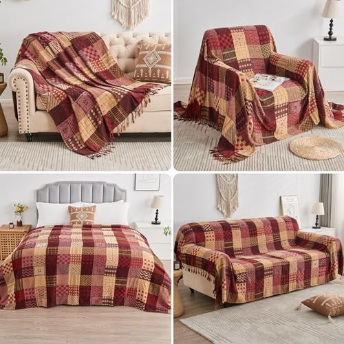 Boho Throw Blanket,Patchwork Large Blankets for Sofa Double Bed Armchair Couch,Weighted Soft Furniture Throws,Tassels Chenille Throws and Blankets for Bohemian Decor (60"*75")…
