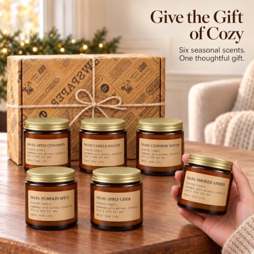 Fall & Winter Scented Candles Gift Set, 6 x 3.5 oz, Apple, Pumpkin & Balsam
