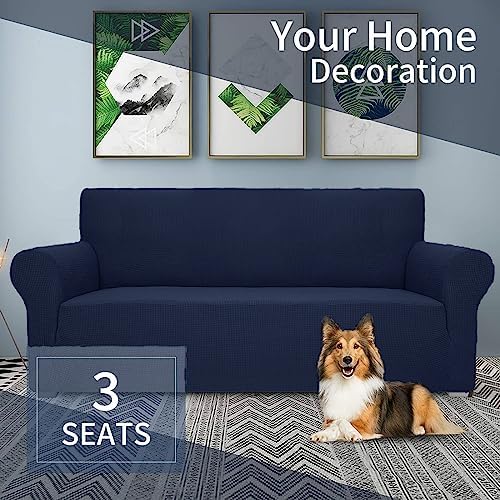 JIVINER High Stretch Couch Covers for 3 Cushion Couch 1-Piece Jacquard Elastic Sofa Slipcovers Anti Slip Sofa Cover with Elastic Bottom Furniture Protector for Kids Pets (Navy Blue, Sofa)