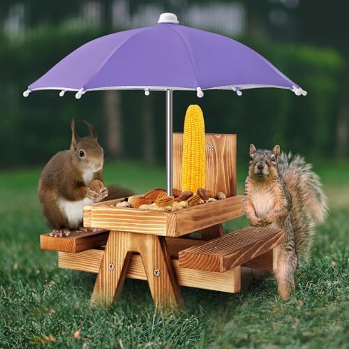 Gnodary Squirrel Feeder with Umbrella, Squirrel Feeders for Outside, Squirrel Picnic Table Feeder - Chipmunk Feeder Hold Corn, Corn Cob, Peanuts (Purple)