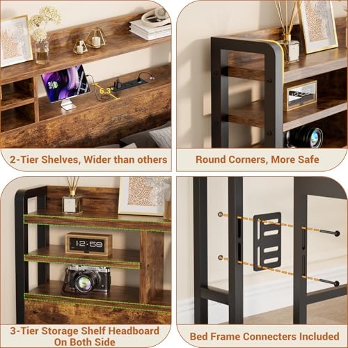 Aheaplus Headboard for Twin Size Bed with Storage and Outlets, Rustic Brown