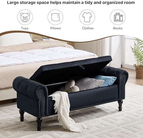Storage Bench for Bedroom, 51" Upholstered End of Bed Bench, Velvet Queen Size Benches with Rolled Arms, Tufted Button Storage Long Ottoman, Living Room, Entryway, Black