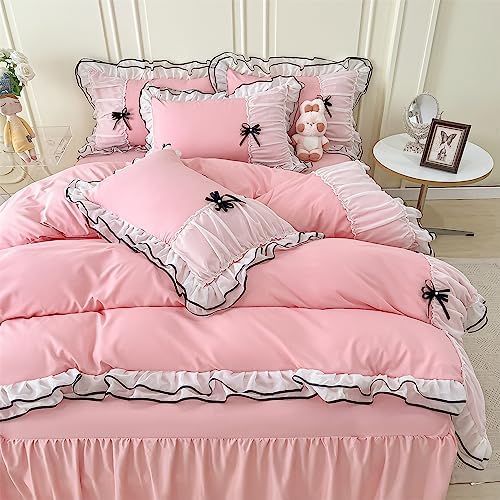 IHOUSTRIY Pink Duvet Cover Full Size, Ruffle Beddding Set with Bowtie, 3 Pieces Comforter Cover Set with Zipper Closure, Girl Bedding with Pillowcase - Light Pink, Full, Comforter Not Included