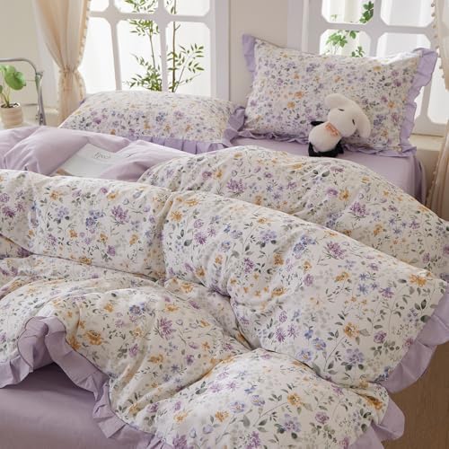 mixinni Floral Duvet Cover Set Full Size, 100% Cotton 3-Piece Bedding Set with Ruffled Lace, Reversible Lavender Wildflower Ruffle Design, Soft Aesthetic Cottagecore Duvet Cover with Zipper Closure