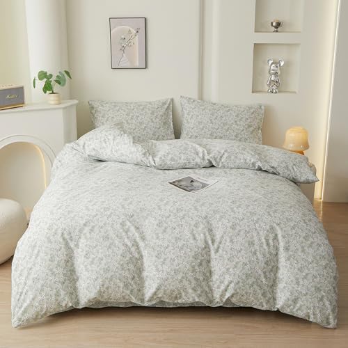 HighBuy Green Floral Duvet Cover Set King 100% Cotton Soft,Boho Chic Cottagecore White Floral Bedding Comforter Cover Set Vintage Decor Design -(1 Duvet Cover with 2 Pillow Shams)