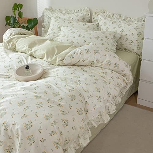 Romantic Green Ruffle Duvet Cover Cotton Queen(90"x90"),Yellow Floral